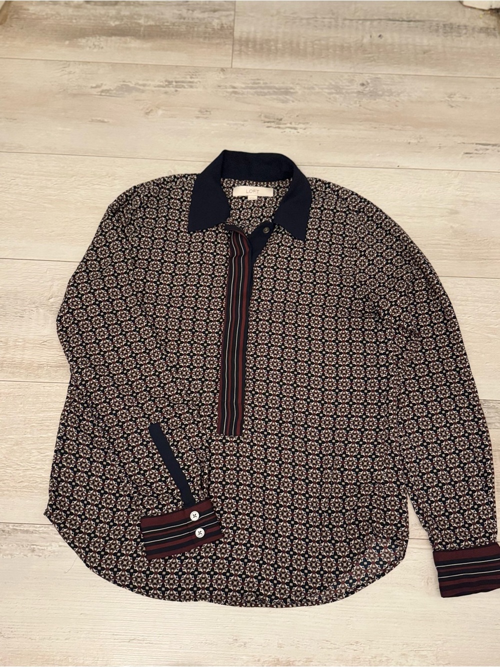 LOFT Navy Patterned Button-Down Shirt with Burgundy Trim